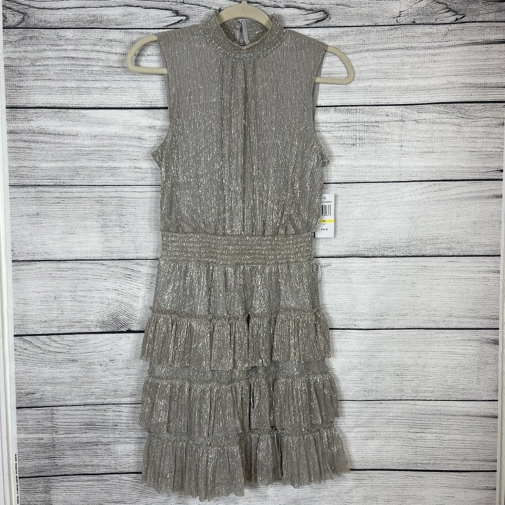 NWT MSK Petites Metallic Silver Gold Knee Cocktail Party Tiered Dress Sz…